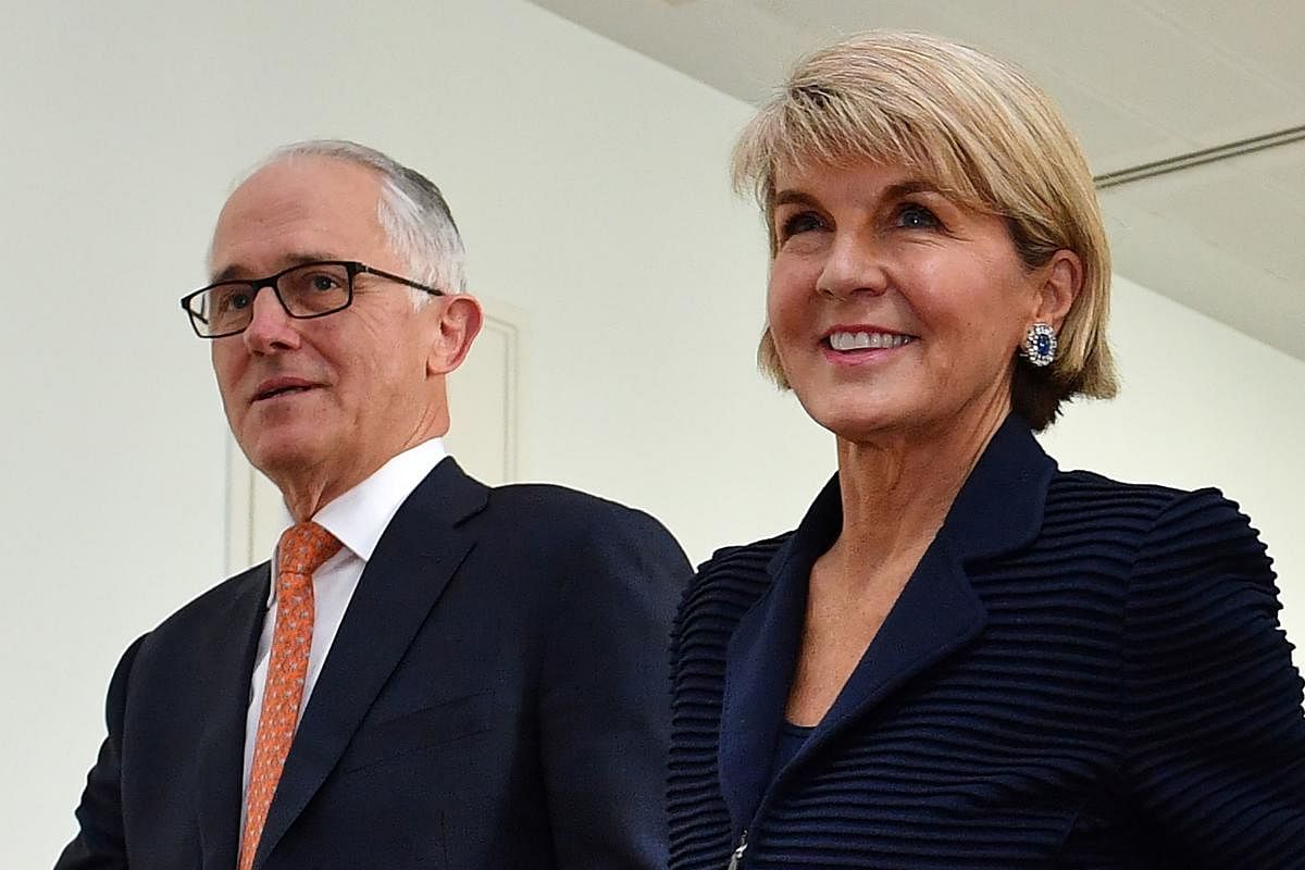 Australia's Foreign Minister Julie Bishop (right) with Malcolm Turnbull after a party meeting in Canberra on August 24, 2018. AFP
