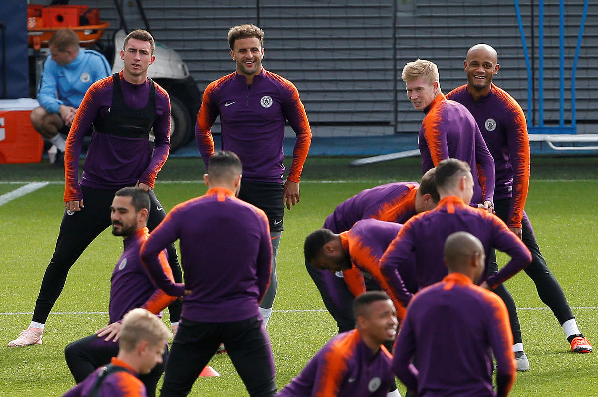 Manchester City's players during a training session ahead of their Champions League clash against Hoffenheim on Tuesday. Reuters