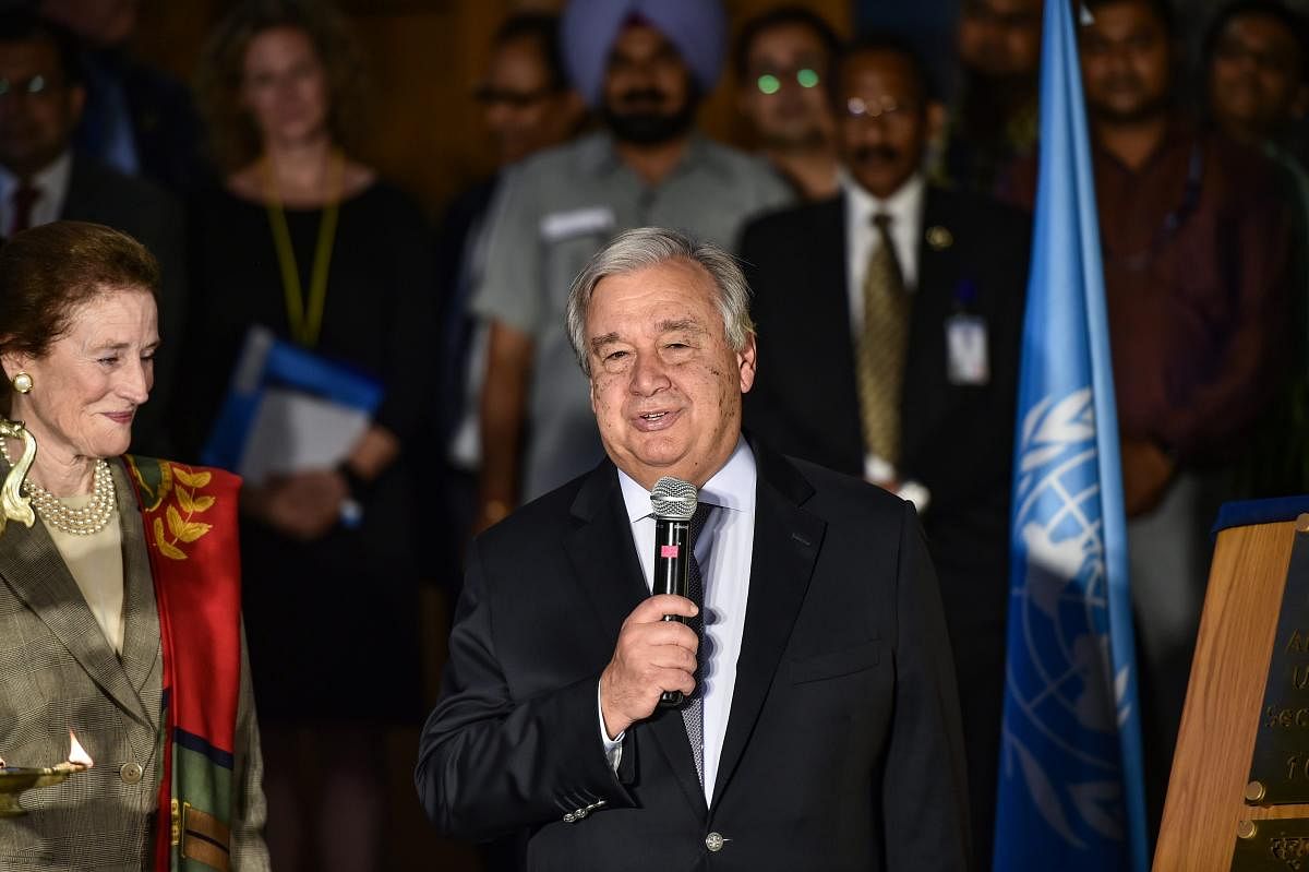 United Nations Secretary-General Antonio Guterres at the inauguration of the UN House in New Delhi on Monday. PTI