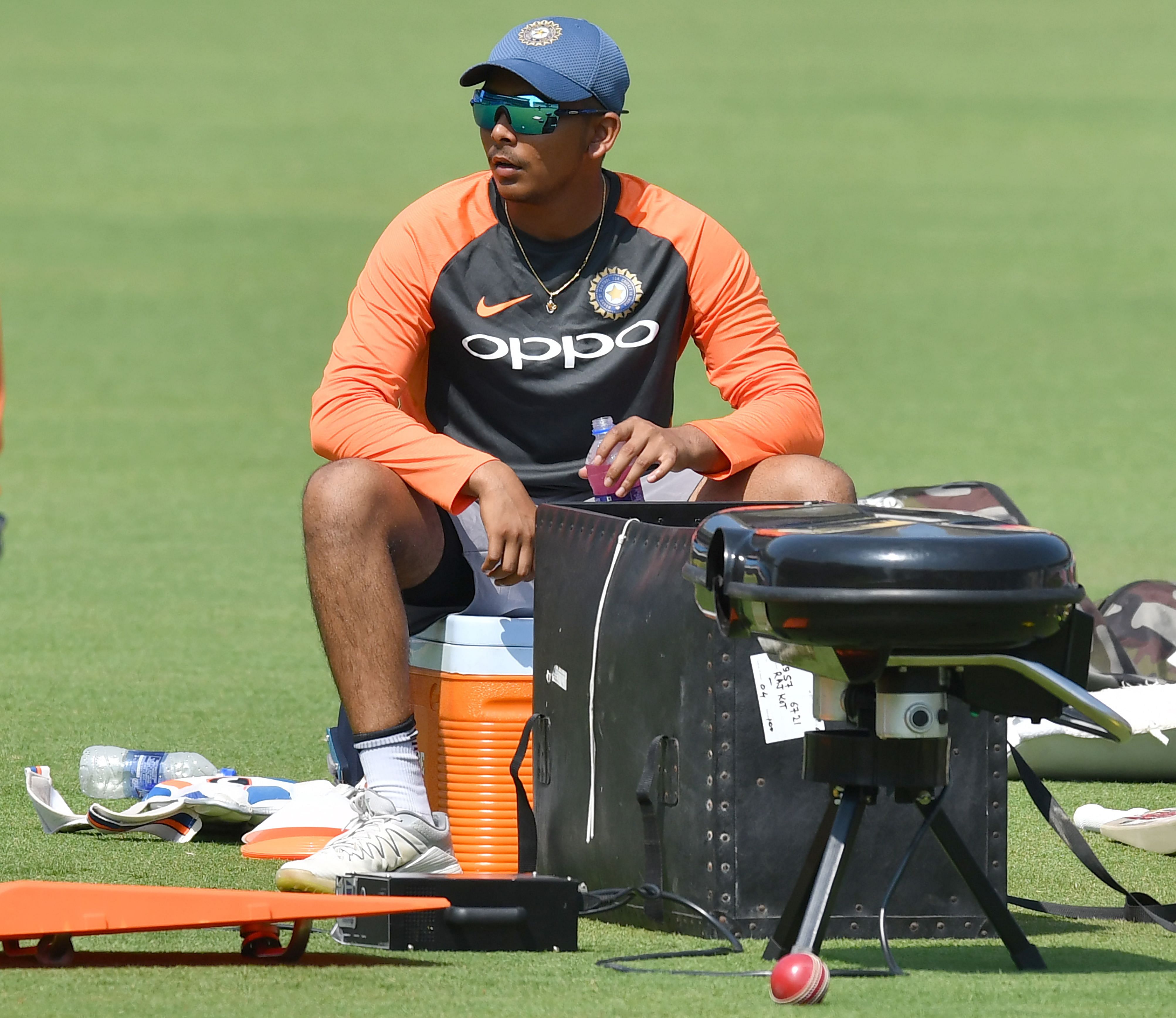 Cricketer Prithvi Shaw looks on during a training session ahead of the first Test match between India and West Indies at the Saurashtra Cricket Association stadium in Rajkot on Wednesday. (AFP)