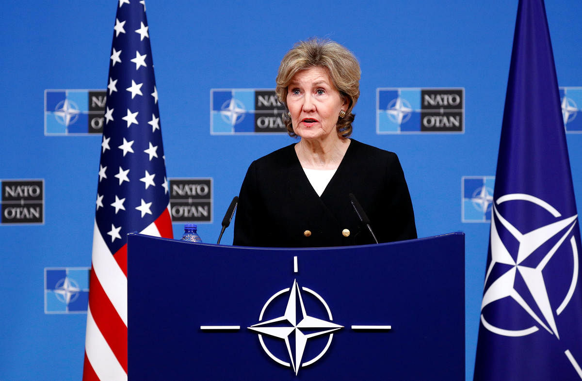 US Ambassador to Nato Kay Bailey Hutchison briefs the media ahead of a Nato defence ministers meeting at the Alliance headquarters in Brussels, Belgium, on October 2, 2018. Reuters