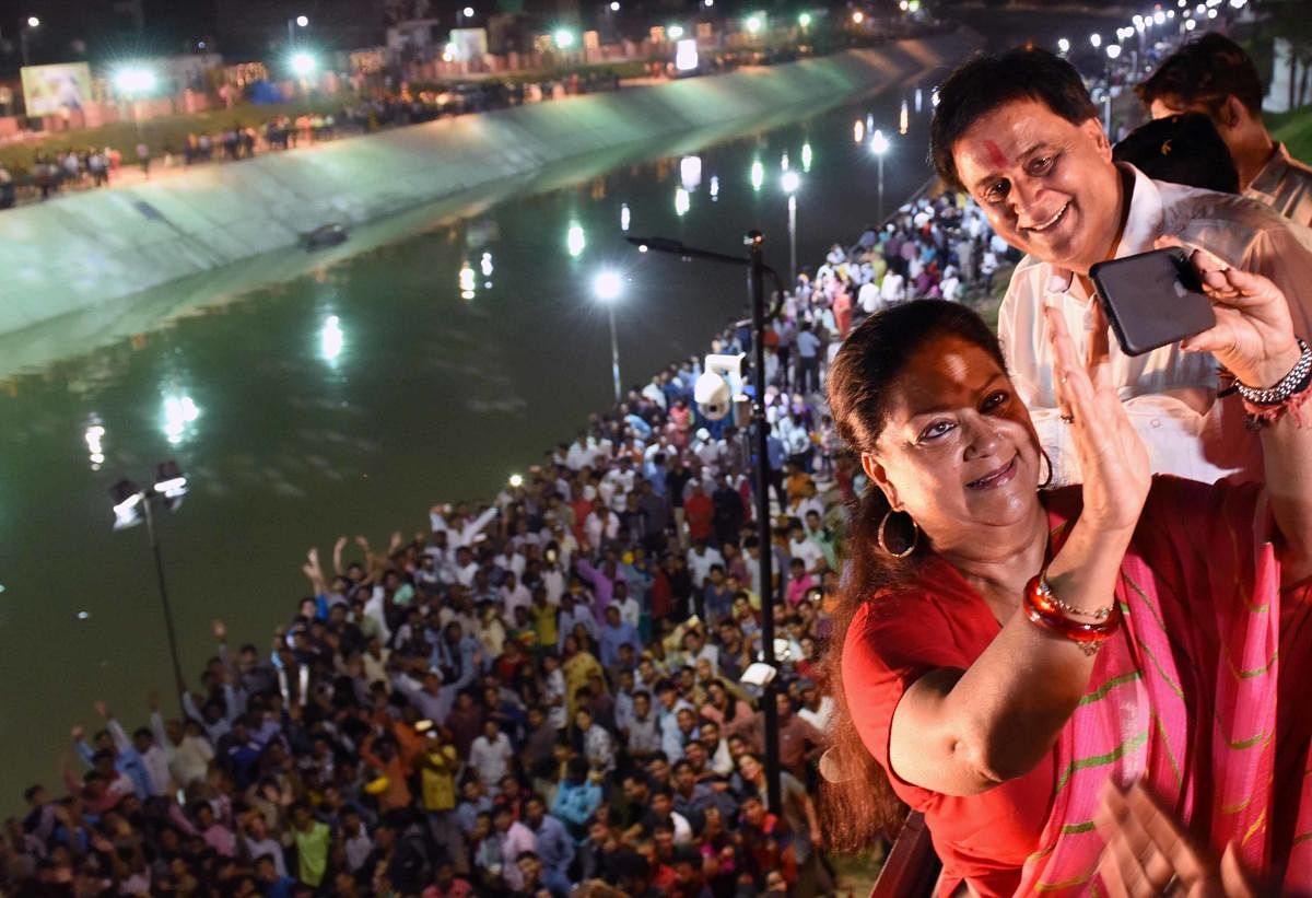 Rajasthan Chief Minister Vasundhara Raje clicks a selfie after inaugurating the Dravyavati River Rejuvenation Project in Jaipur on Wednesday.