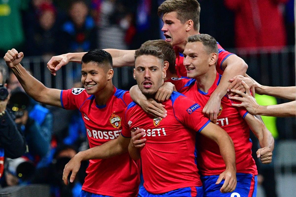 CSKA Moscow's Nikola Vlasic (centre) celebrates with team-mates after scoring against Real Madrid on Tuesday. AFP