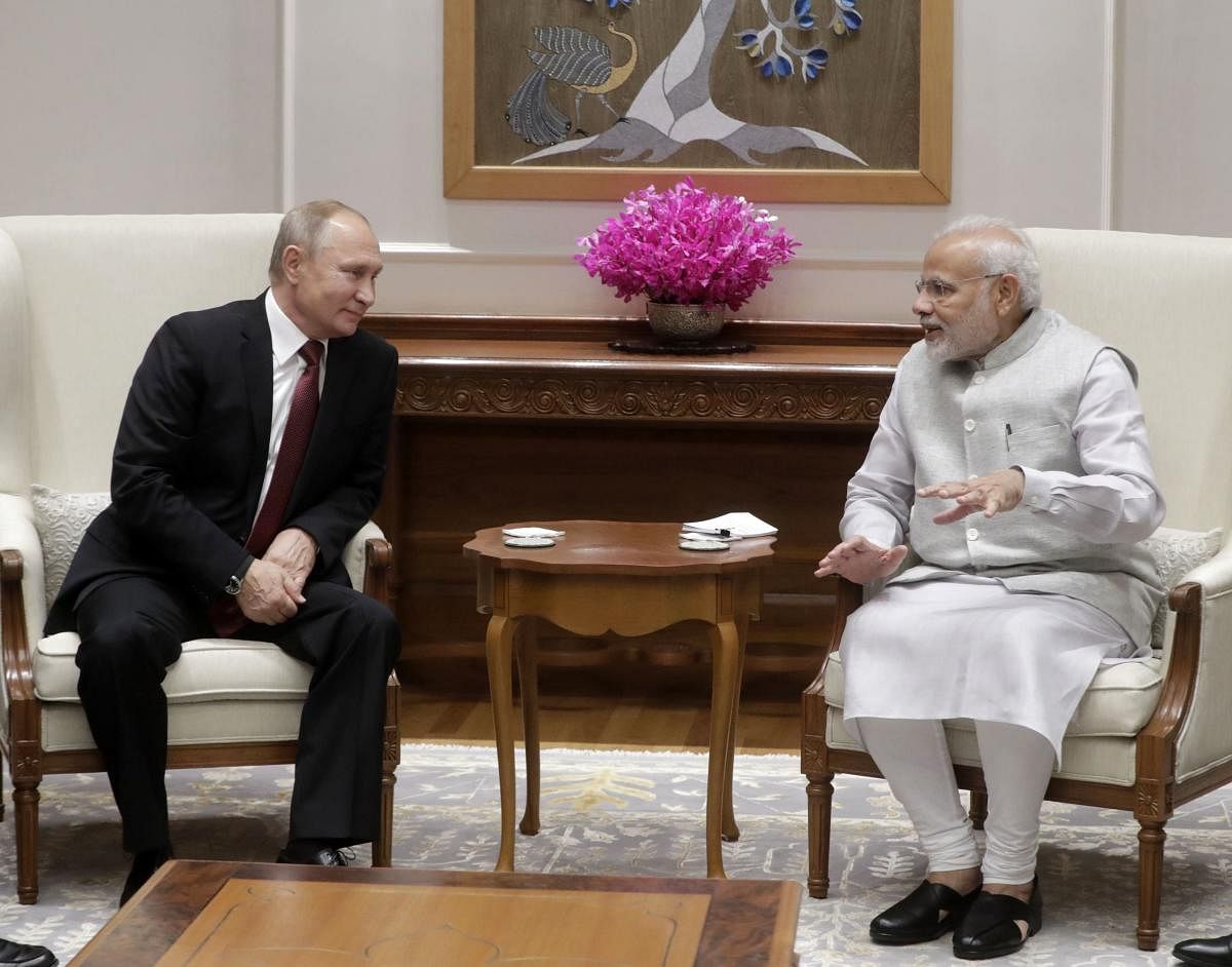 Russian President Vladimir Putin and Indian Prime Minister Narendra Modi meet in New Delhi. (PTI Photo)