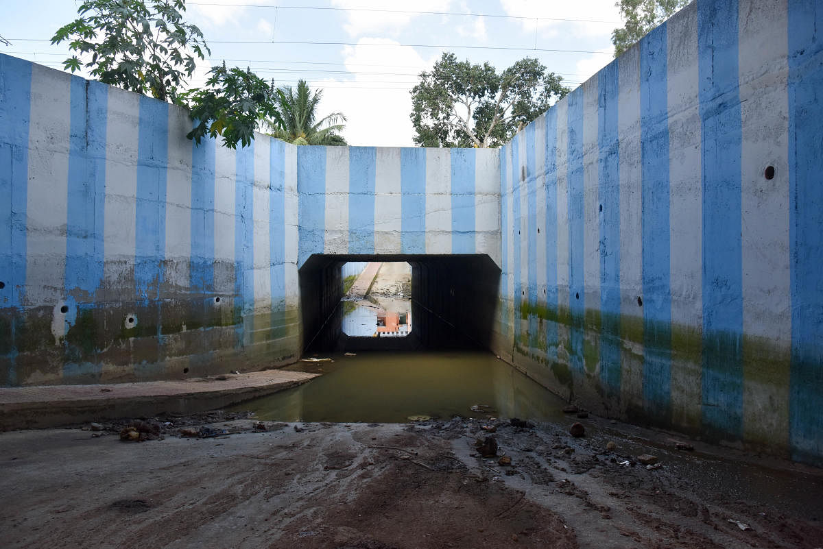 Stagnant water in the underpass at Muthyalamma Nagar, Mathikere. 