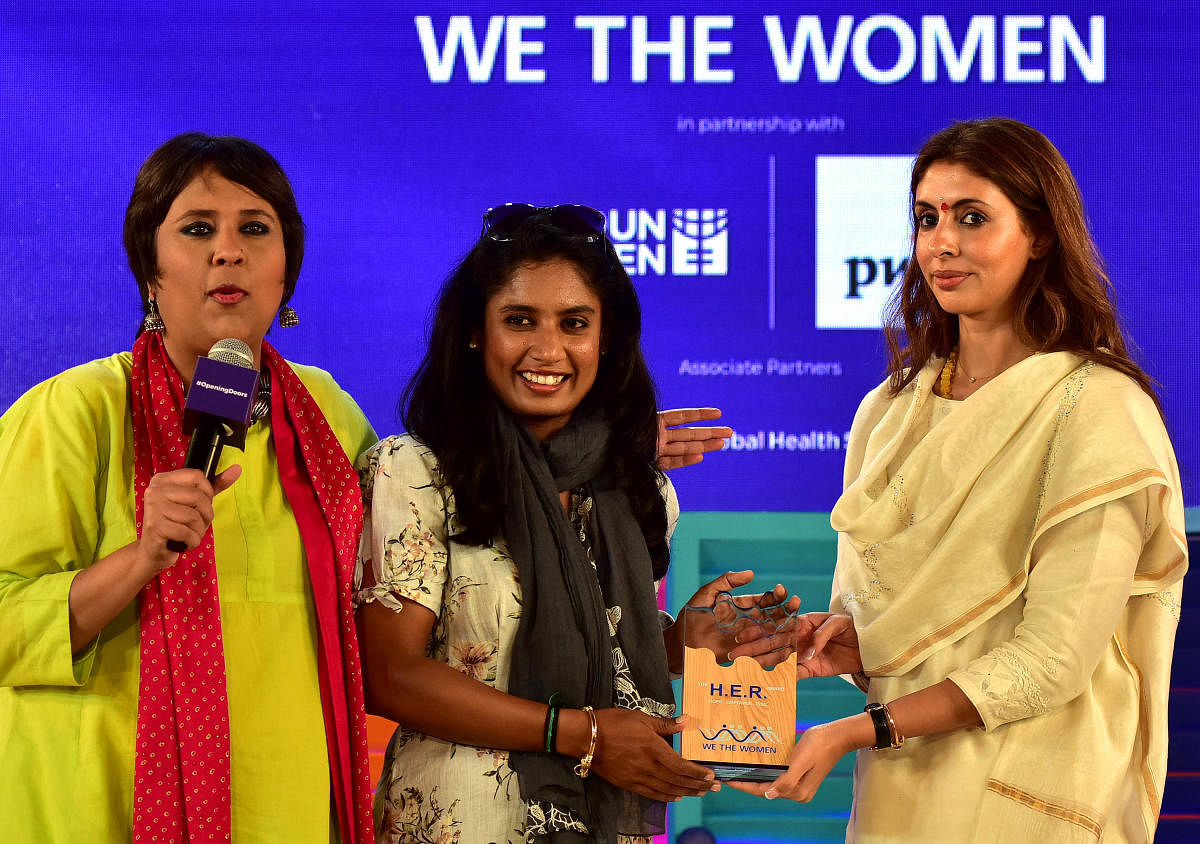 (L-R) Journalist Barkha Dutt, cricketer Mithali Raj and model Shweta Bachchan Nanda at ‘We The Women’ on Sunday.