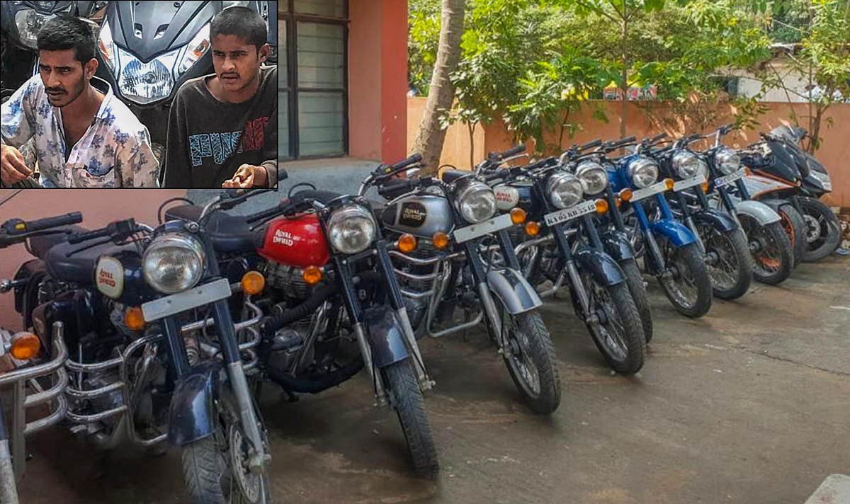 The Varthur police have arrested Azmath Khan and Santhosh (inset), notorious bike lifters, who stole expensive vehicles to make quick money. The police have recovered 16 bikes worth Rs 30 lakh from the accused.
