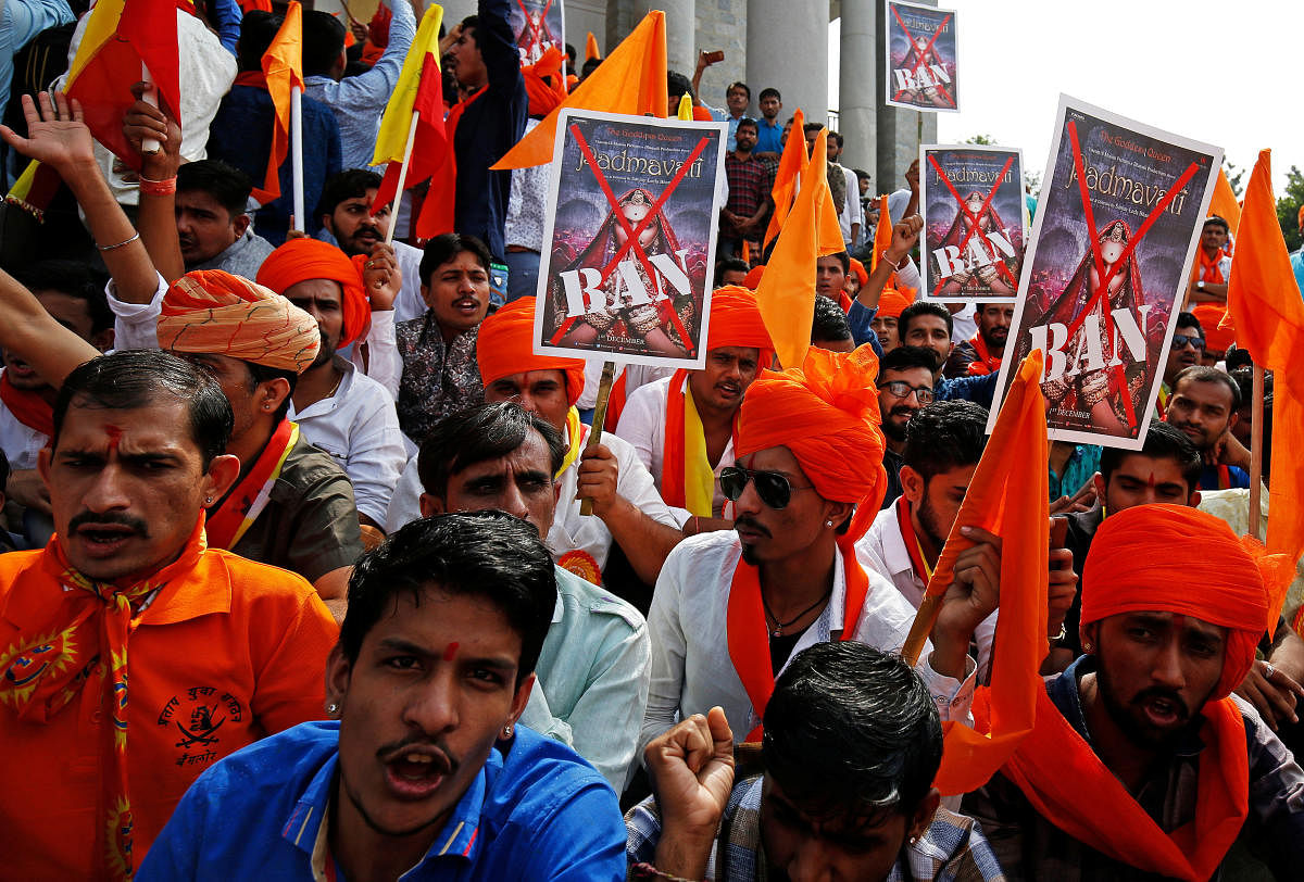 Demonstrators chant slogans as they protest against the release of Bollywood movie 'Padmavati' in Bengaluru. REUTERS