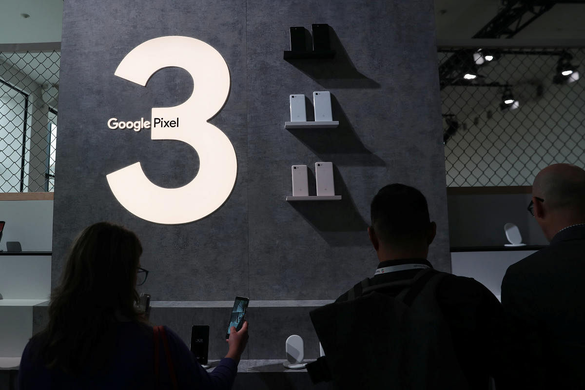 The Google Pixel 3 third generation smartphones are seen on display after a news conference in Manhattan, New York, October 9, 2018. (REUTERS)