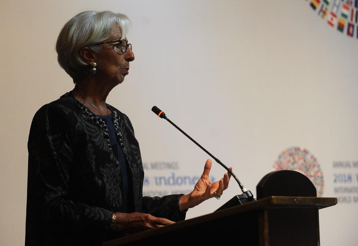 Managing director of the International Monetary Fund (IMF), Christine Lagarde, speaks during a trade conference introduction at the International Monitary Fund (IMF) and World Bank annual meetings in Nusa Dua on Indonesia’s resort island of Bali on October 10, 2018. (AFP Photo)