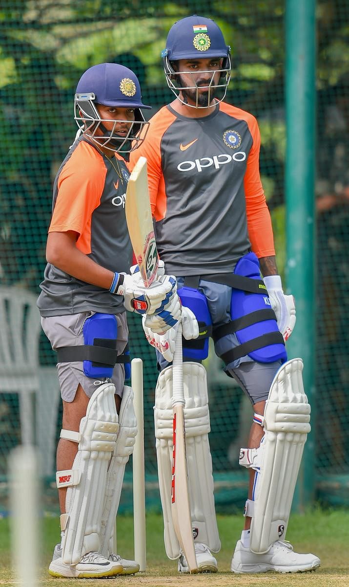 Prithvi Shaw and Lokesh Rahul during a practice session ahead of the second India-West Indies Test match in Hyderabad on Wednesday. PTI