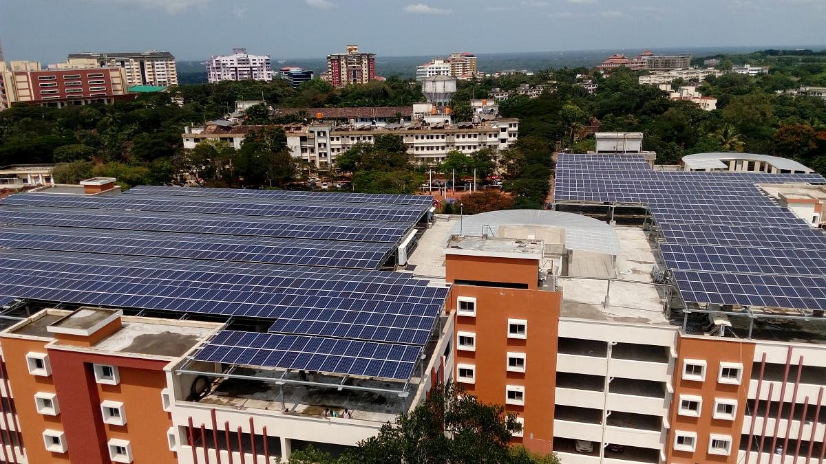 The solar panels on the multi-level car parking facility at MAHE, Manipal.