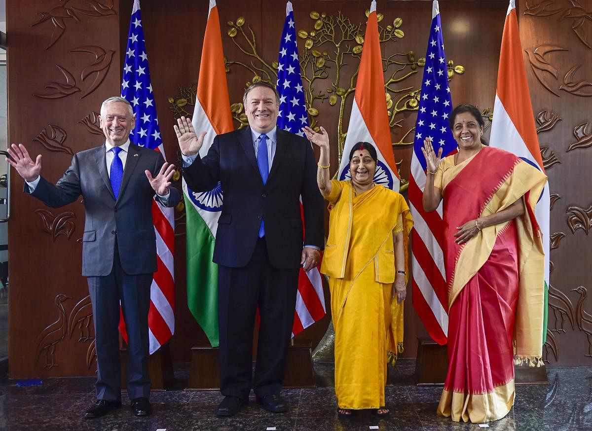Foreign Minister Sushma Swaraj, Defence Minister Nirmala Sitharaman, US Secretary of State Mike Pompeo and US Secretary of Defence James Mattis pose for a group photo before India-US 2 + 2 Dialogue, in New Delhi. PTI