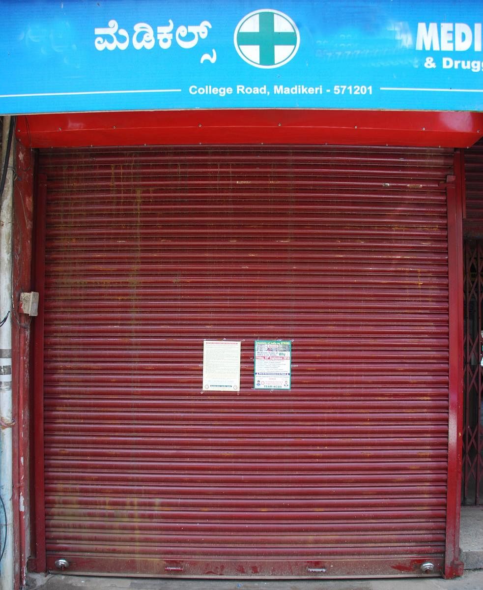A medical shop in Madikeri remains closed on Friday.