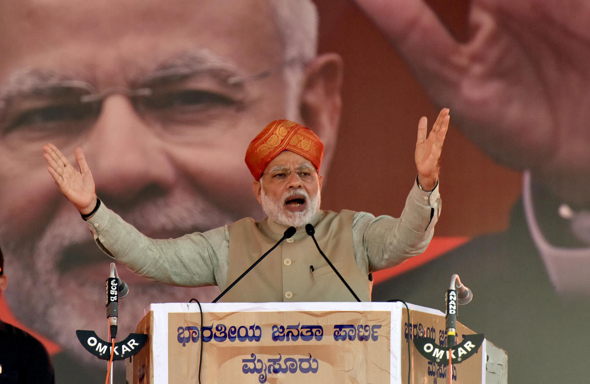 Prime Minister Narendra Modi addresses a rally in Mysuru. File Photo/Savitha B R