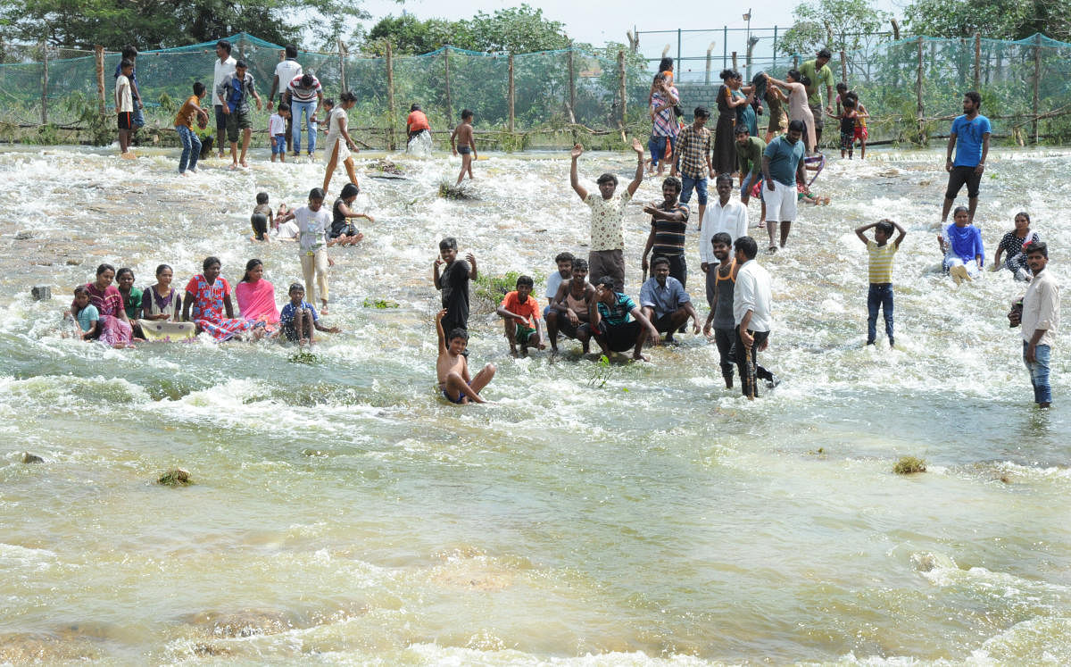 People of Begur in Bommanahalli constituency and nearby areas seen enjoying their time in Begur lake, which is overflowing after flooding due to the recent rains in Bengaluru on Sunday. Photo Srikanta Sharma R.