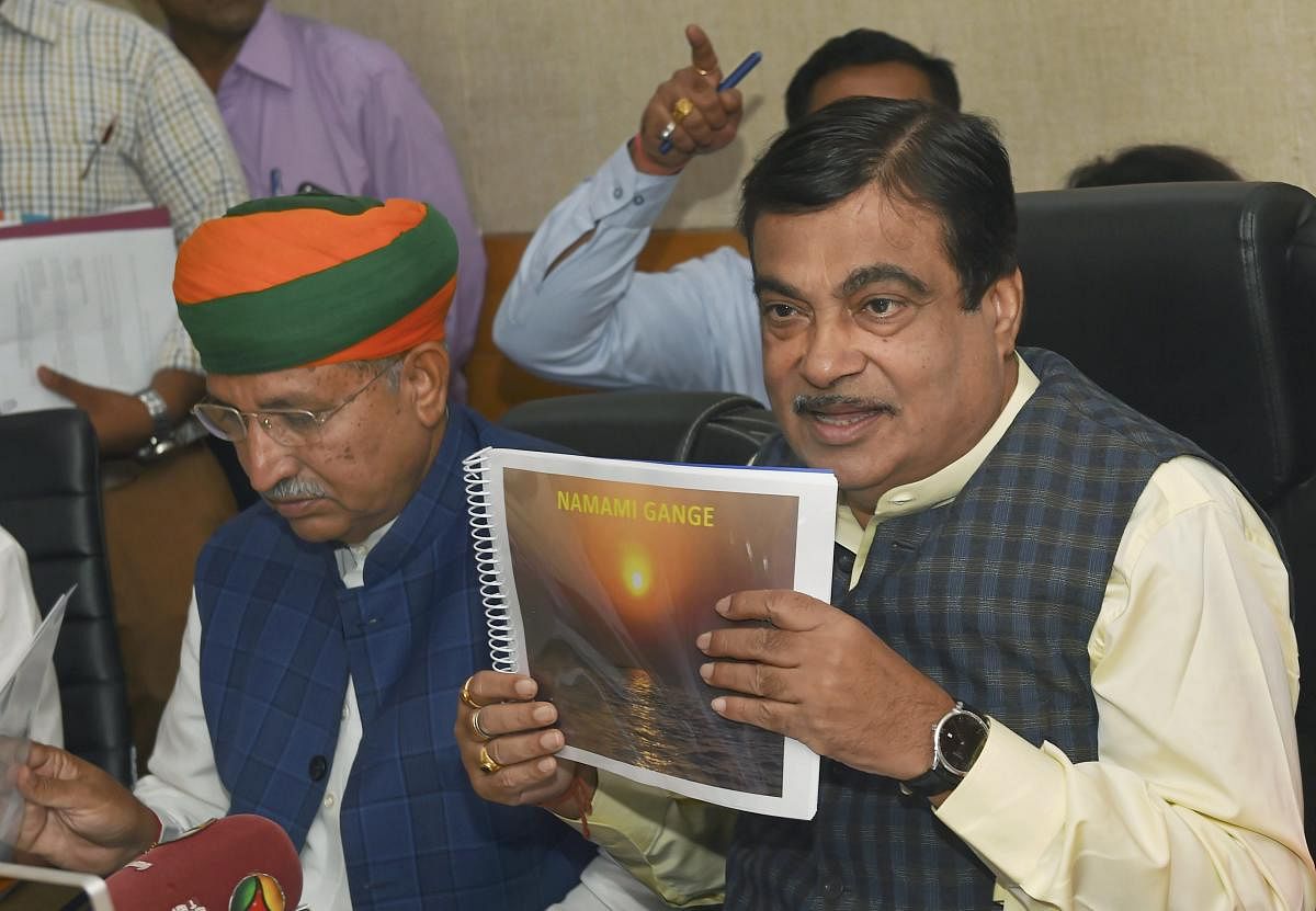 Union Minister for Water Resources, River Development and Ganga Rejuvenation, Nitin Gadkari with MoS Arjun Ram Meghwal at a press conference on Namami Gange programme in New Delhi on Thursday. PTI Photo