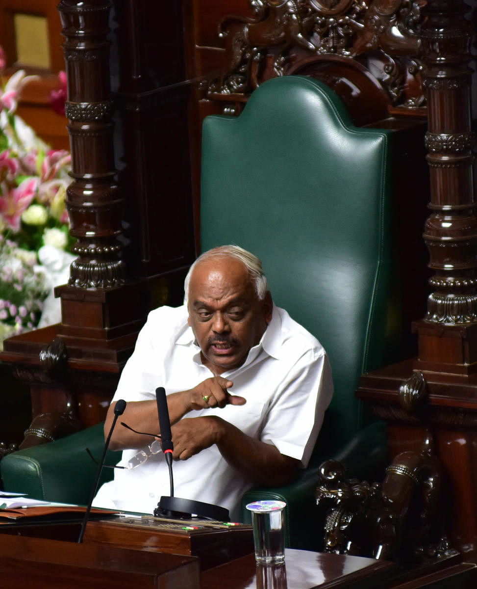 Newly elected Speaker Ramesh Kumar during the trust vote on the floor of Karnataka Assembly at the Vidhana Soudha in Bangalore. DH File Photo