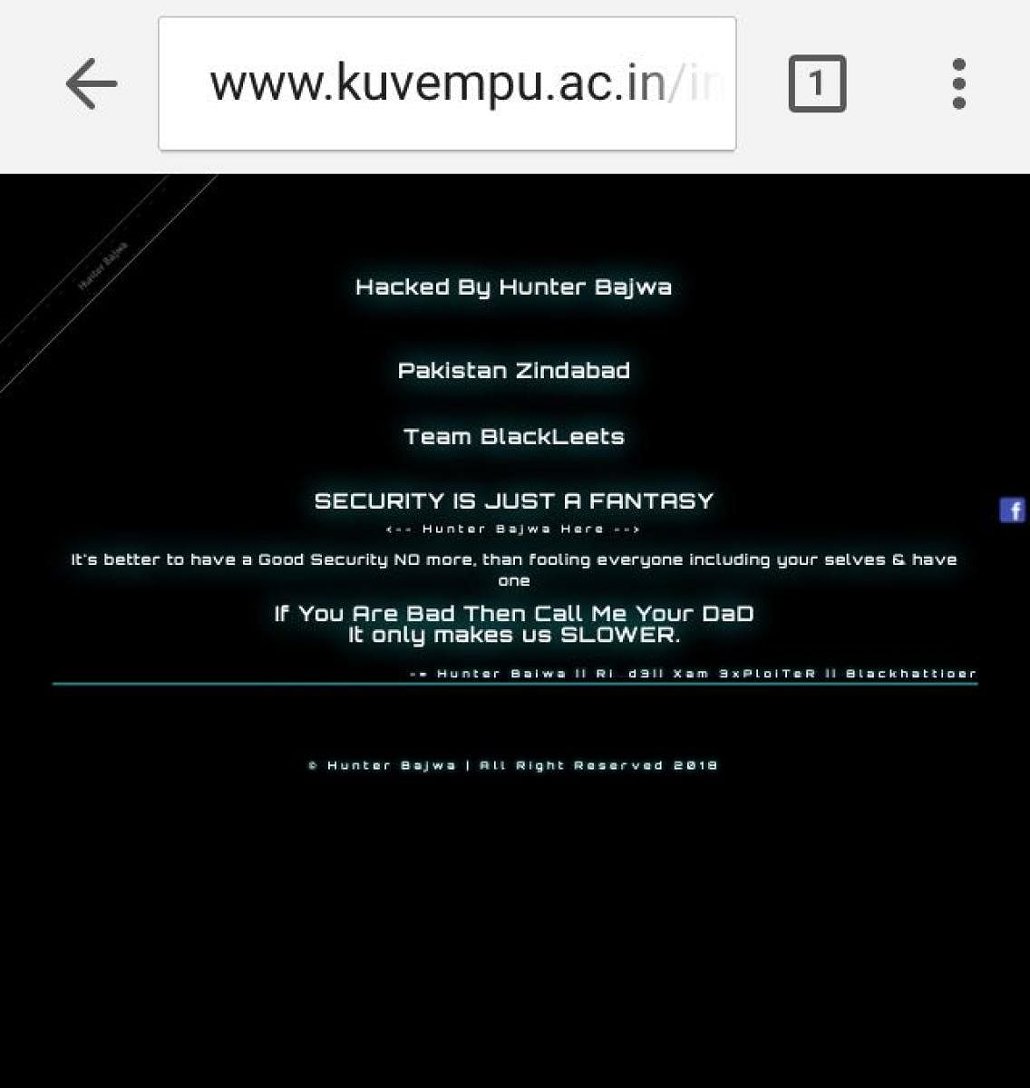 A message that reads 'Pakistan zindabad' posted on Kuvempu University official website that was hacked.