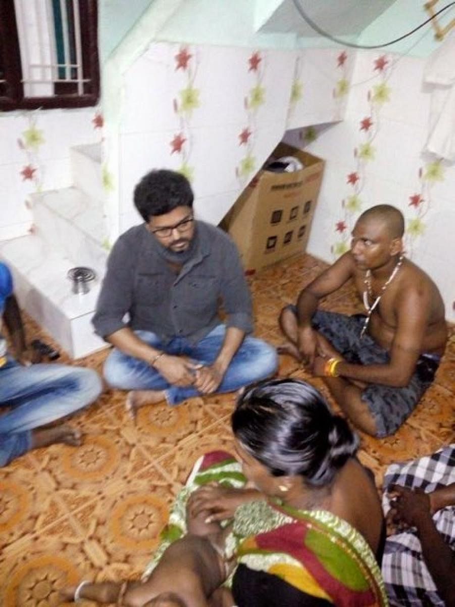Tamil actor Vijay interacts with Snowlin's family at their residence in Thoothukudi on Tuesday night.