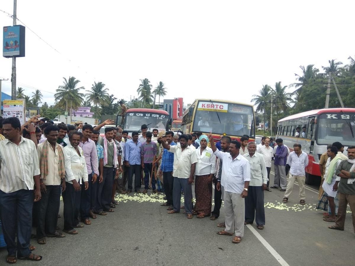 Ramanagaram's silk farmers blocked the highway and protested demanding support price for silk cocoons, on Friday. (DH Photo)
