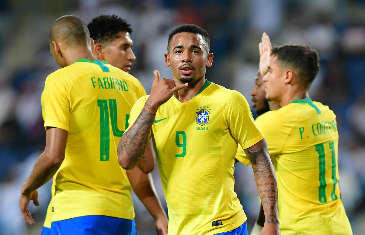 Brazil's Gabriel Jesus (9) celebrates after scoring against Saudi Arabia on Friday. REUTERS