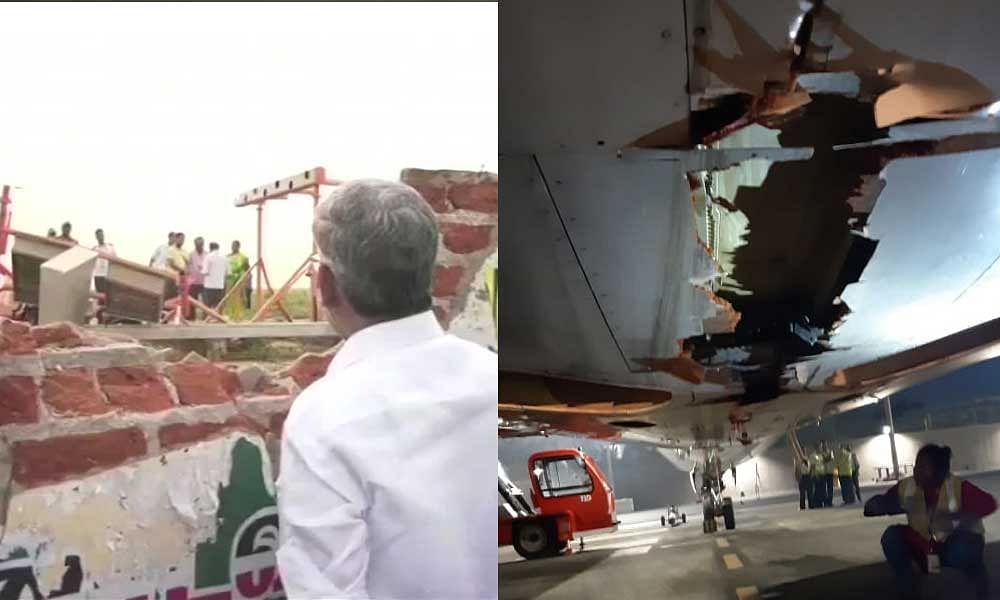 A view of the damaged compound wall of the Tiruchi airport.(Right) A view of the damaged portion of the Air India flight bound for Dubai. The aircraft continued on its journey despite the damage. (ANI/Special Arrangement)