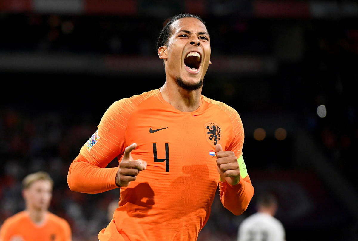 The Netherlands' Virgil van Dijk celebrates after scoring against Germany on Saturday. REUTERS