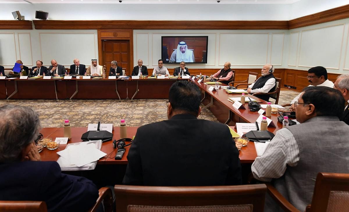 Prime Minister Narendra Modi during a meeting with the CEOs and experts from Oil and Gas sector, from India and abroad, in New Delhi. (PTI Photo)