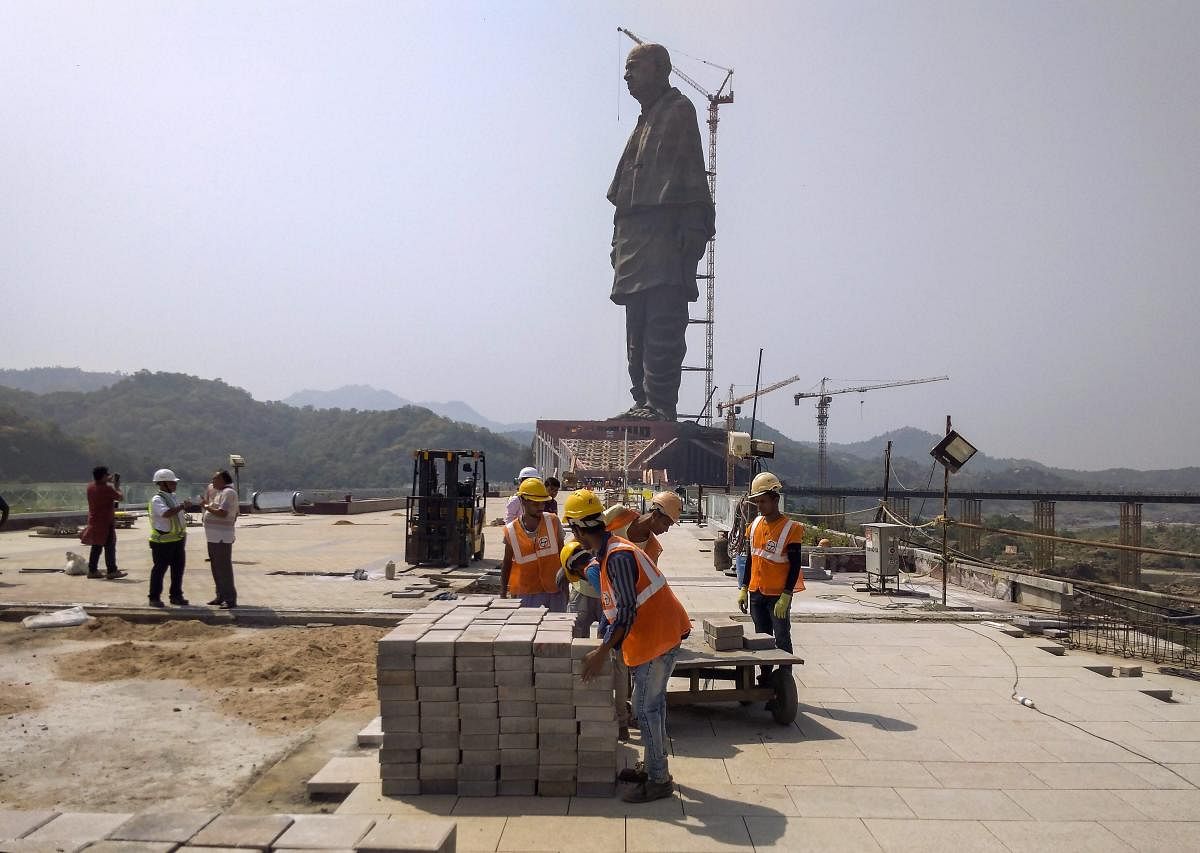 Construction work in progress ahead of the unveiling of the ‘Statue of Unity’, dedicated to Sardar Vallabhbhai Patel, in Ahmedabad, Oct 12, 2018. (PTI Photo)