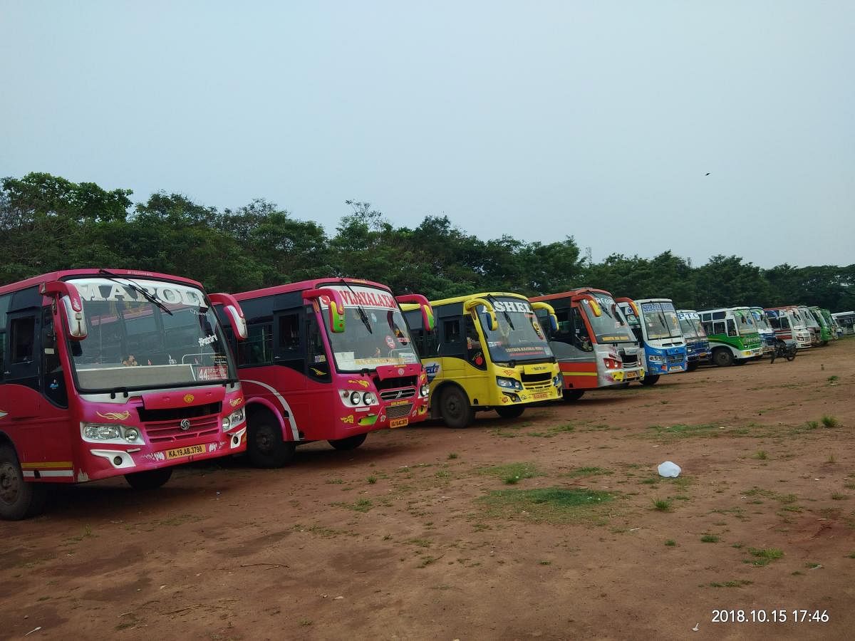 Buses seized for use of shrill horns were parked at Nehru Maidan in Mangaluru on Monday.