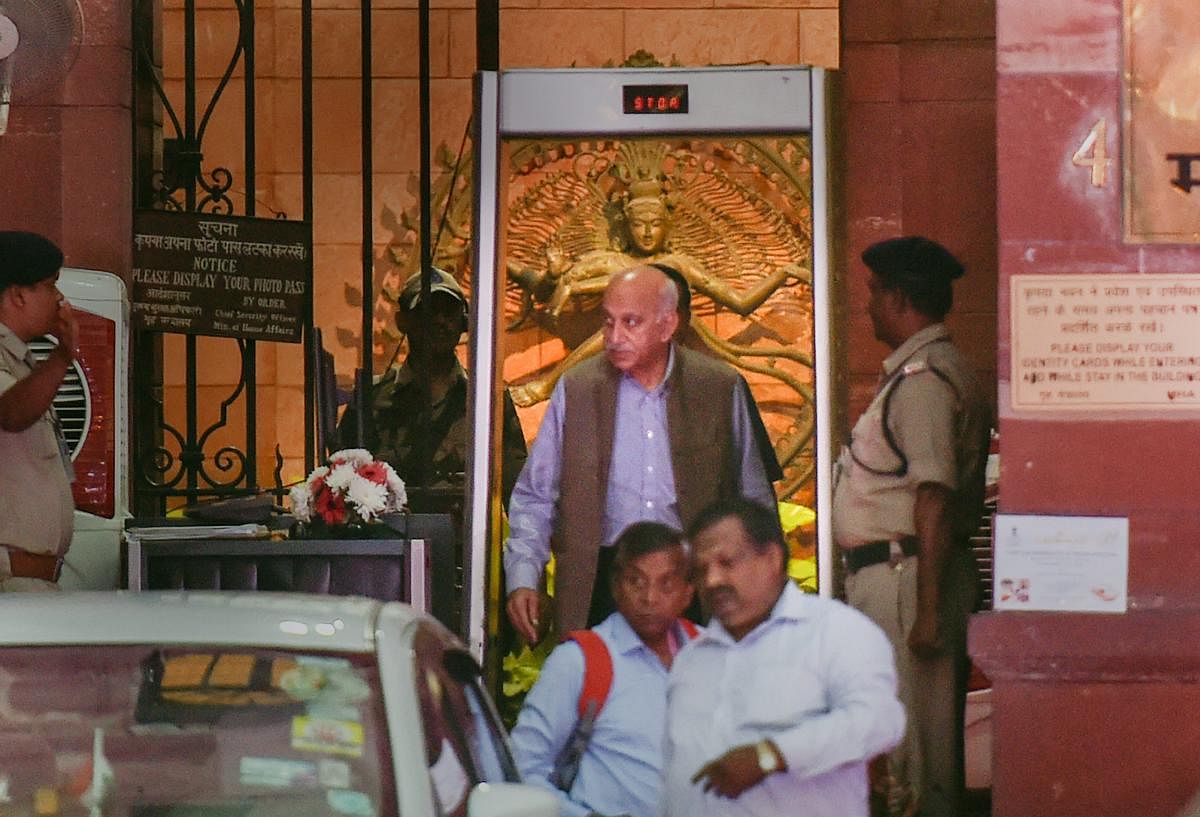 Minister of State for External Affairs MJ Akbar coming out of the MEA at South Block, in New Delhi. Akbar has filed a private criminal defamation complaint against journalist Priya Ramani who recently levelled charges of sexual misconduct against him as the #MeToo campaign raged in India. PTI