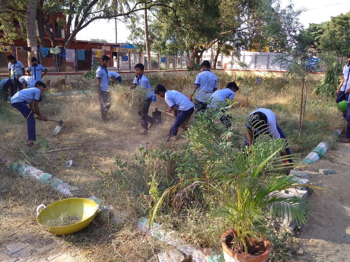 Members of an active youth group in Ballari clearing a park to plant trees.