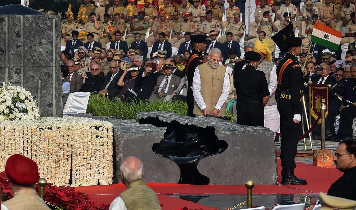 Prime Minister Narendra Modi during the inauguration of National Police Memorial, on the occasion of the Police Commemoration Day, at Chanakyapuri, New Delhi on Sunday. PTI
