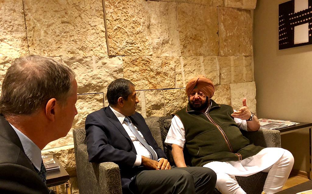Punjab Chief Minister Amarinder Singh meets Indian Ambassador Pawan Kapoor at Tel Aviv. (Image courtesy: Twitter/@capt_amarinder)