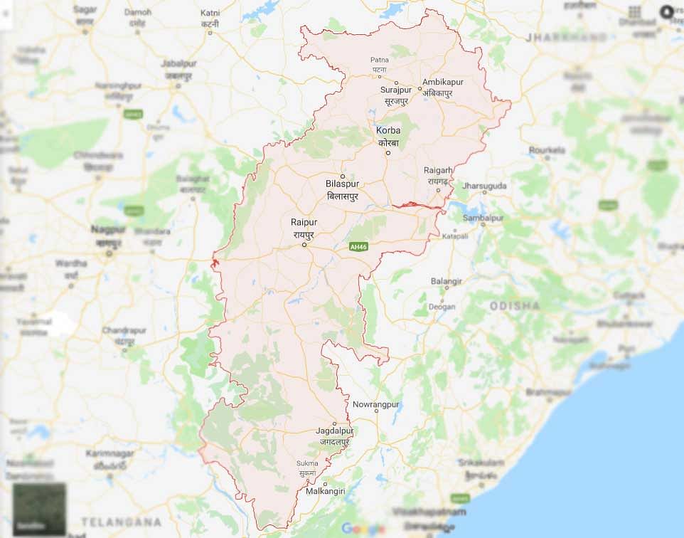 Out of the 90 Assembly seats in Chhattisgarh, the SP will contest 20 seats and the GGP 70 seats. GGP-SP alliance's Chief Minister candidate will be GGP chief Heera Singh Markam. Image: Google map/ representation only