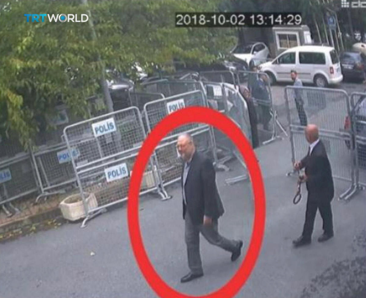 A still image taken from CCTV video and obtained by TRT World claims to show Saudi journalist Jamal Khashoggi, highlighted in a red circle by the source, as he arrives at Saudi Arabia's Consulate in Istanbul, Turkey October 2, 2018. Courtesy TRT World/Han