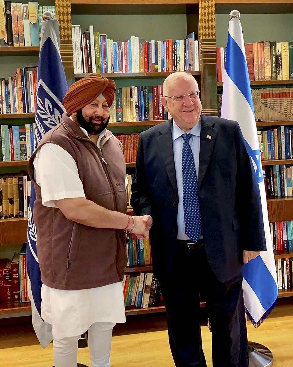 Punjab Chief Minister Captain Amarinder Singh meets Israeli President Reuven Rivlin at his official residence in Jerusalem, on Tuesday. PTI