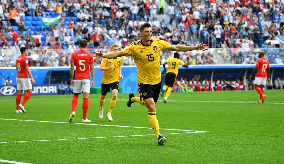  Belgium's Thomas Meunier celebrates scoring their first goal. Reuters photo