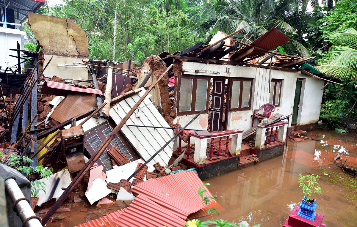 A view of a totally damaged house at Anegundi in Mangaluru after rain lashed Mangaluru City on Tuesday. A total of 30 hosues were completely damaged in Mangaluru alone.