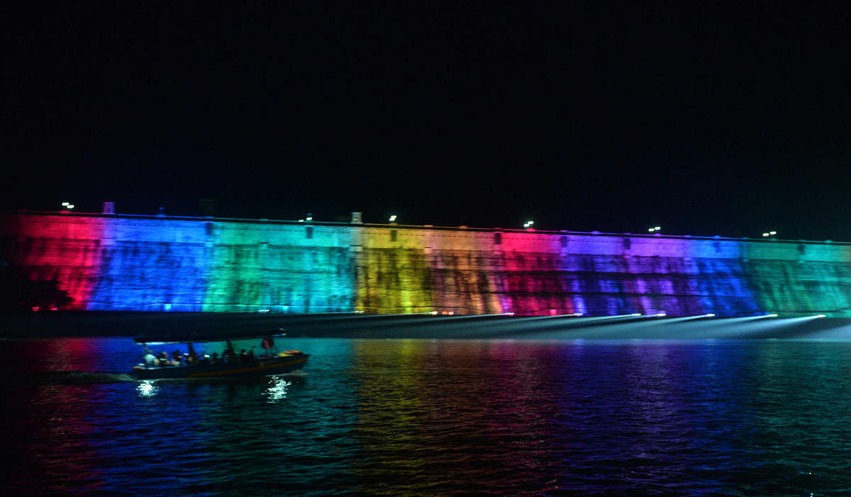 The illuminated Krishnaraja Sagar dam in Srirangapatna taluk, Mandya district, for the Srirangapatna Dasara, starting Tuesday.