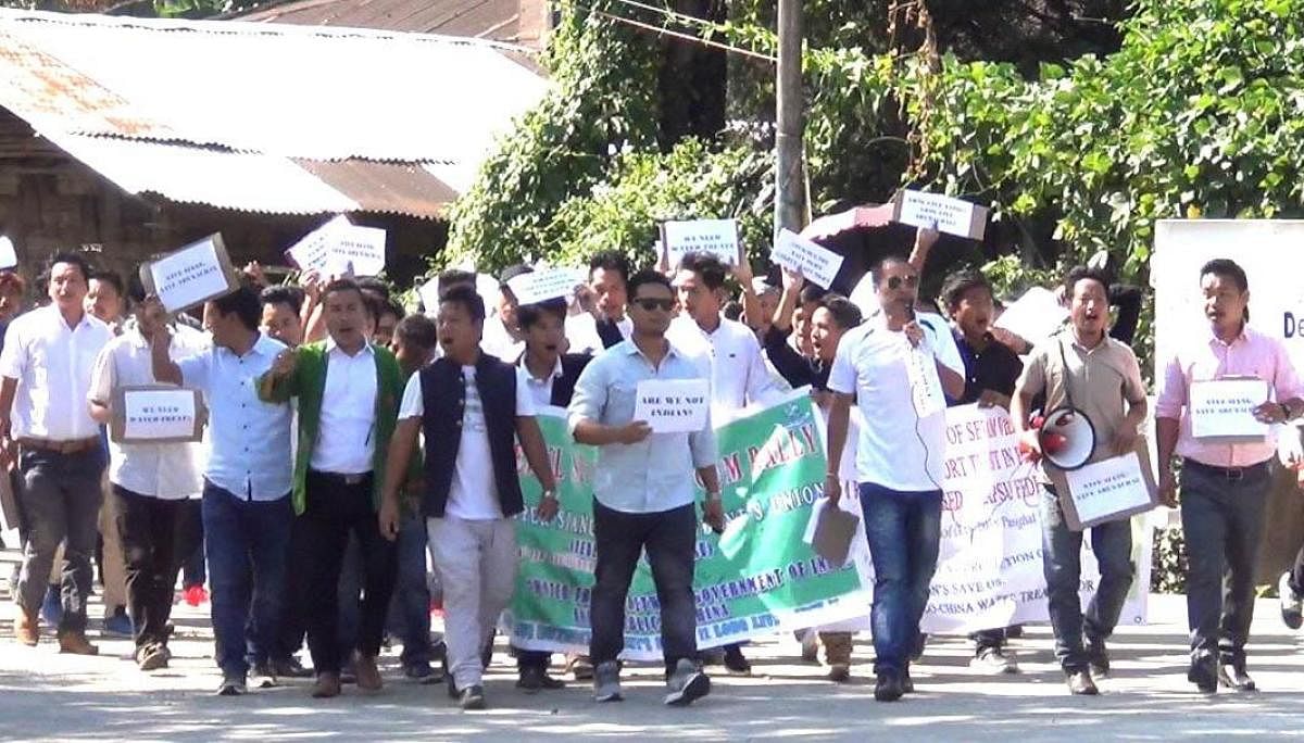 Students' protest in East Siang district, Arunachal Pradesh on Thursday. Pix by Litem Eshi Ori