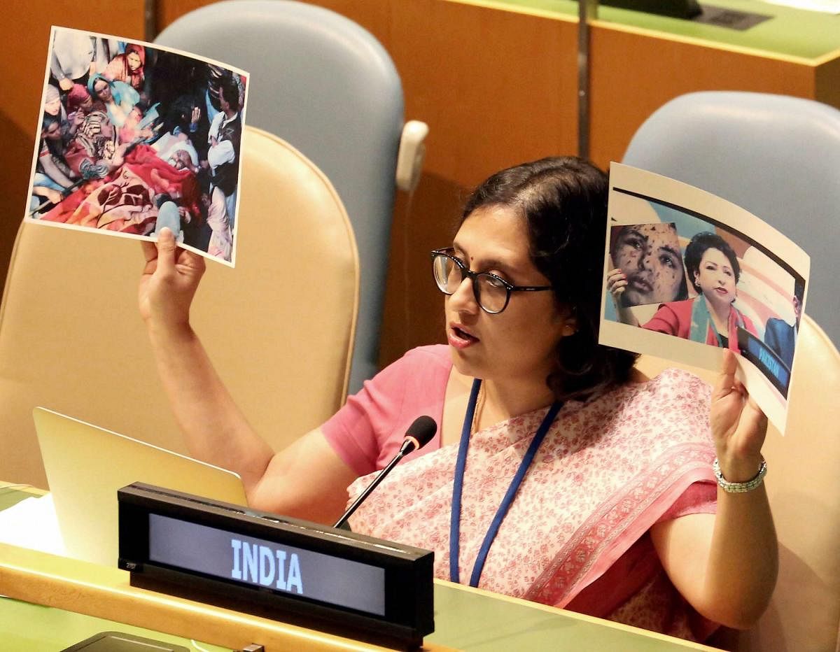 Paulomi Tripathi, Permanent Mission of India to UN reply to Pakistan at UNGA with real picture of Pak-sponsored terrorism in J&amp;K, during the 72nd United Nations General Assembly (UNGA) in New York on Monday. Credit: PTI Photo