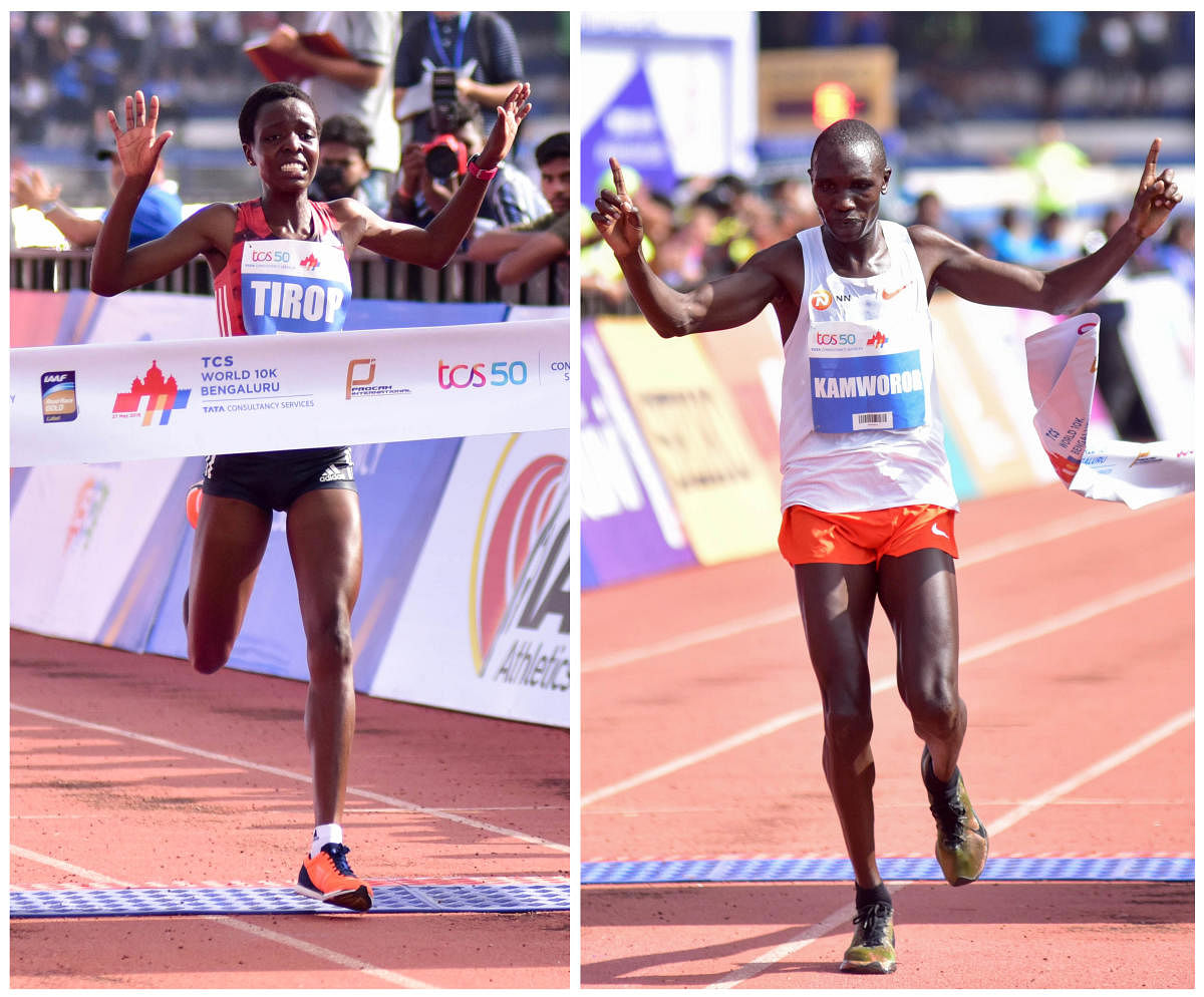 Agnes Tirop (left) and Geoffrey Kamworor of Kenya win the TCS World 10K in Bengaluru on Sunday. DH Photo/ B H Shivakumar