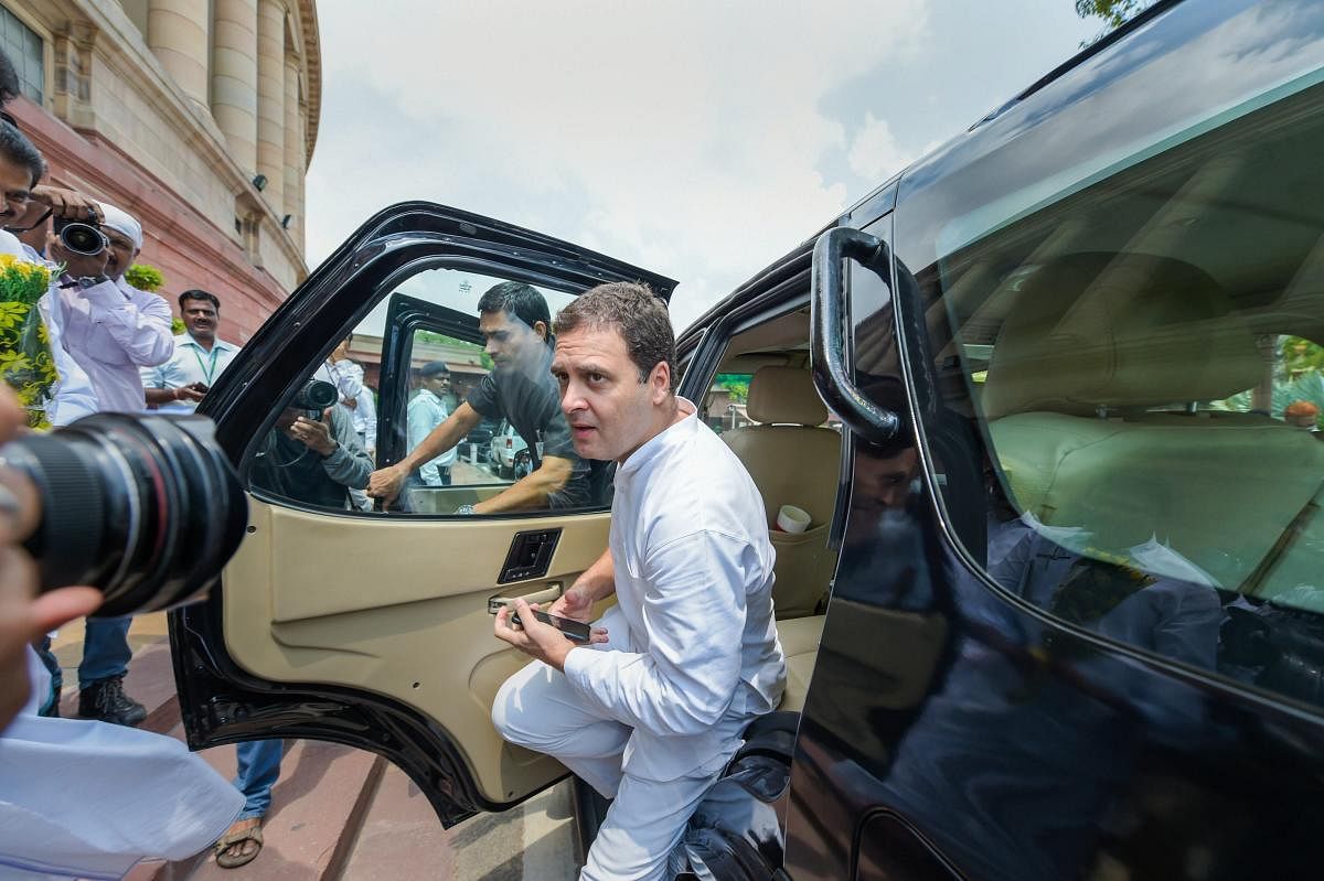 Congress President Rahul Gandhi arrives to attend the Monsoon Session of Parliament. (PTI Photo)