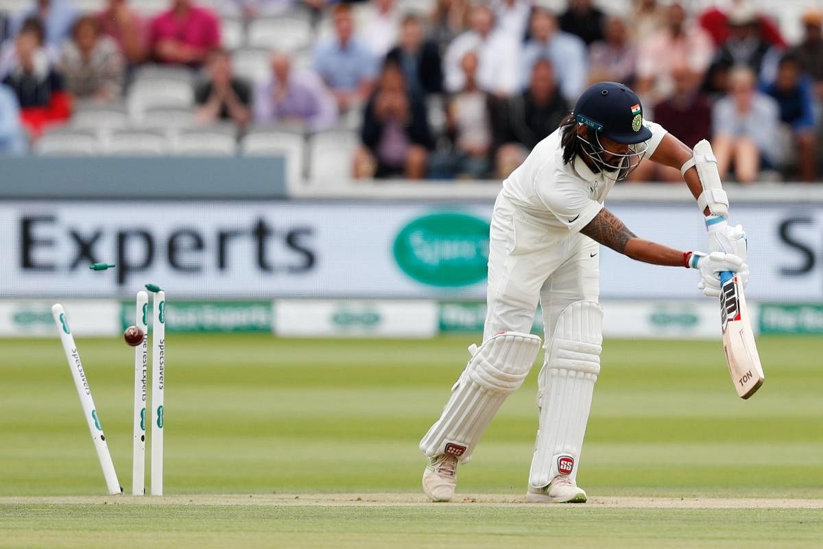 Opener M Vijay is cleaned up by England's James Anderson on the second day of the second Test at Lord's in London on Friday. AFP