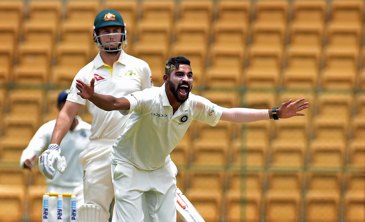 RED-HOT Mohammed Siraj of India ‘A’ successfully appeals for a leg before wicket during the opening day of the four-day game against Australia ‘A’ in Bengaluru. DH PHOTO/RANJU P