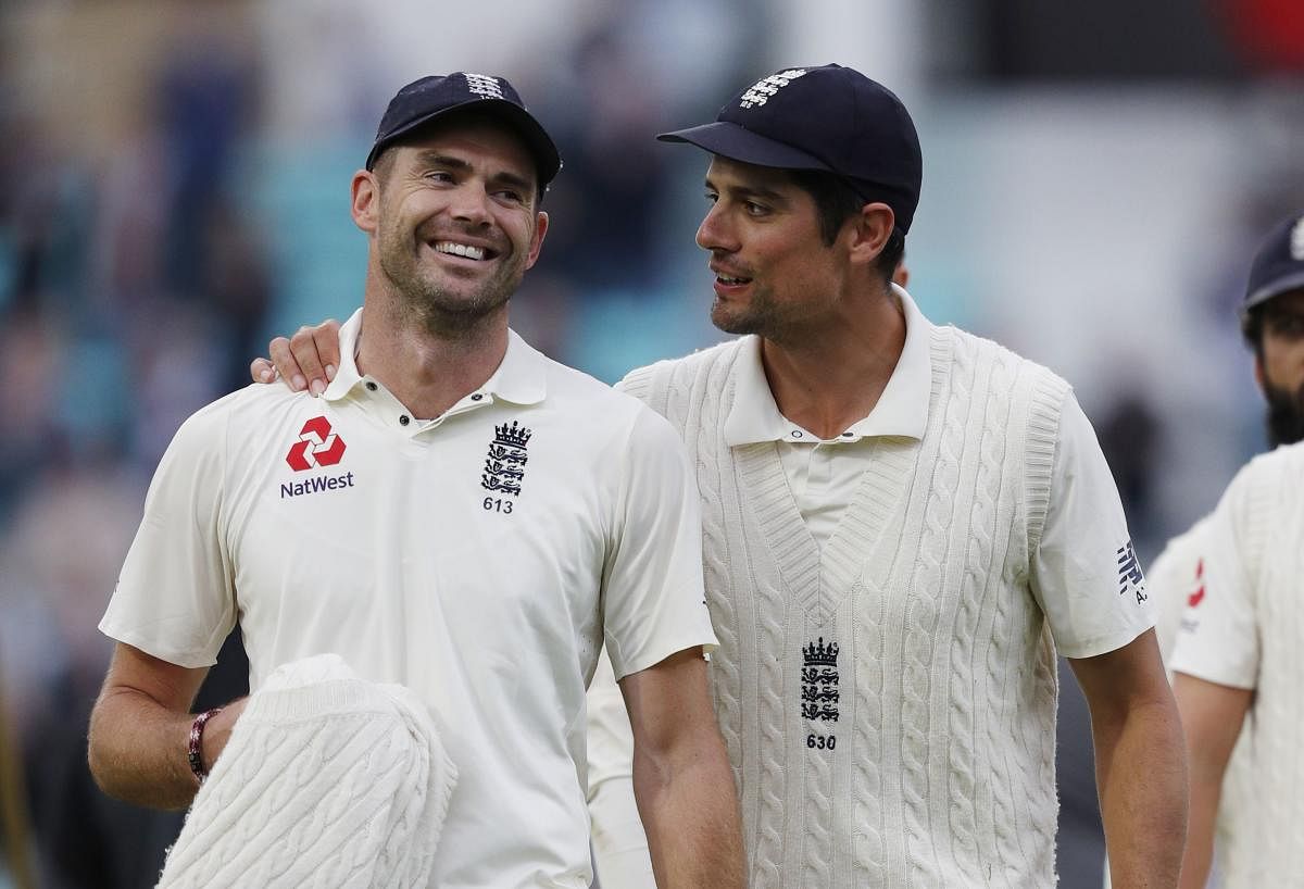 James Anderson (left) shared a special relationship with his ex-skipper and team-mate Alastair Cook who played his last Test at the Oval on Tuesday. AFP
