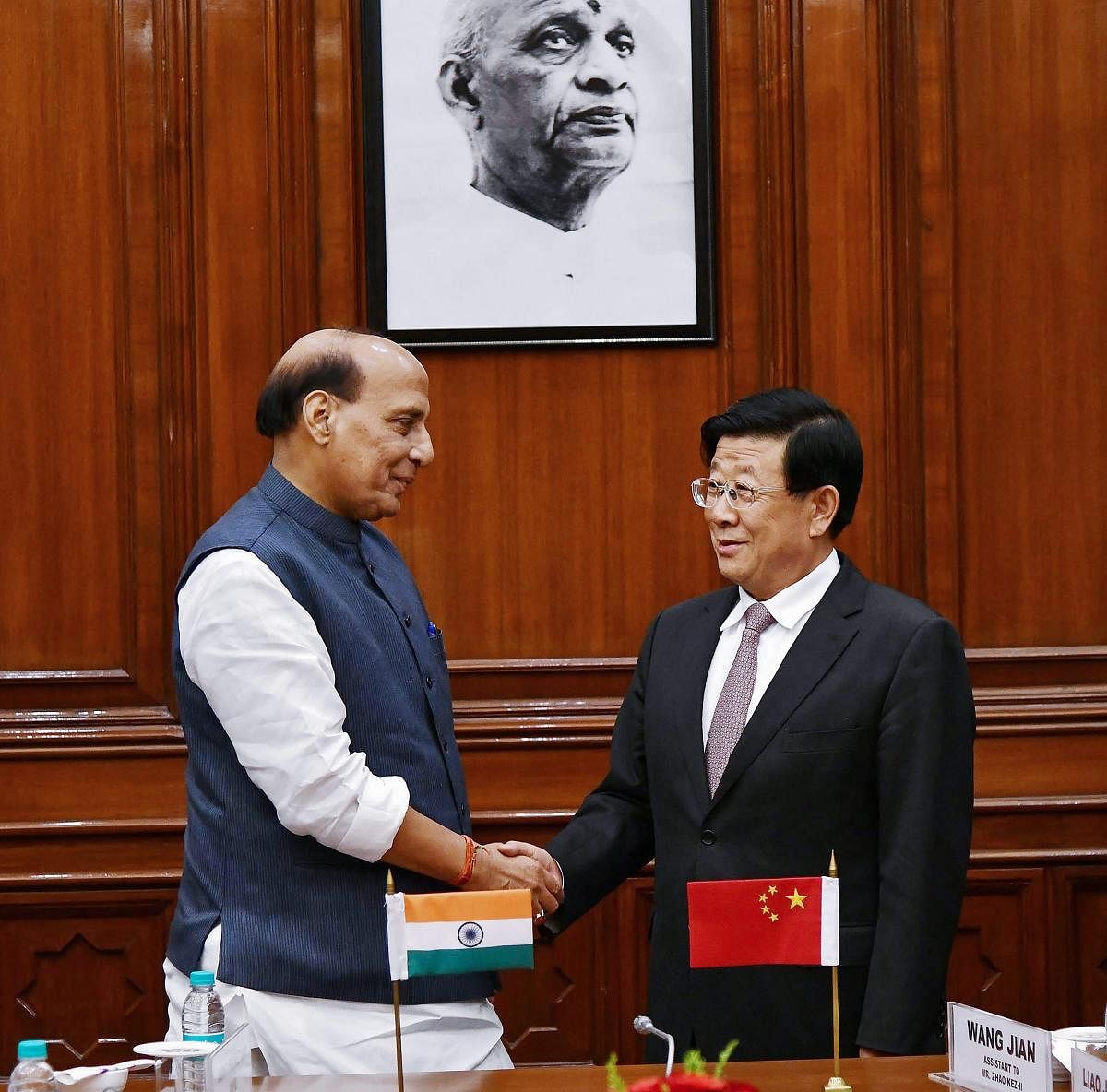 Union Home Minister Rajnath Singh with Chinese State Councillor and Minister for Public Security Zhao Kezhi, in New Delhi on Monday. PTI