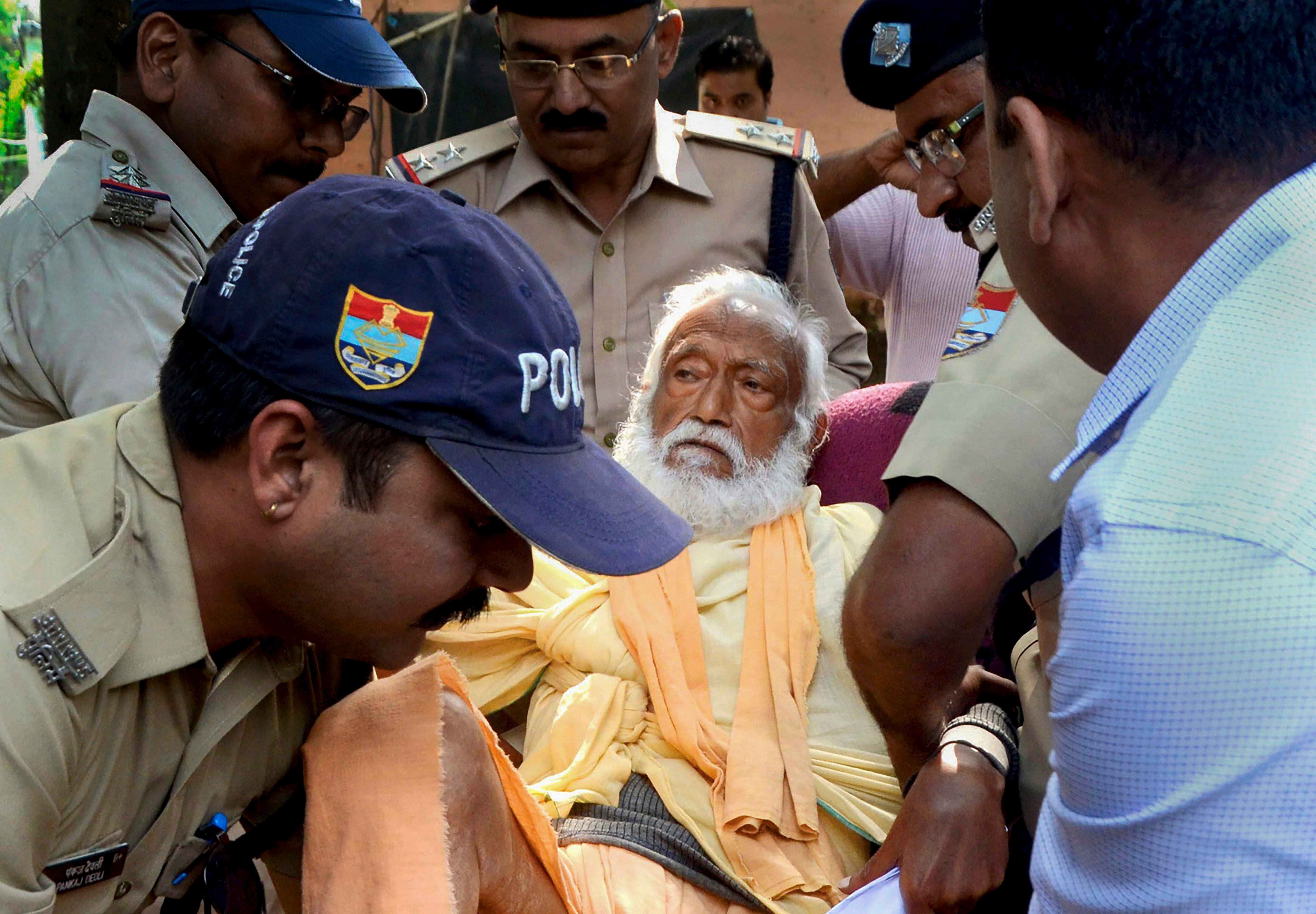In this photo dated October 10, 2018, is seen environmentalist G D Agarwal, who was on fast unto death since June 22 for a clean River Ganga, being forcibly taken to the hospital after his health detriorated in Haridwar. Agarwal passed away on October 11, 2018 at AIIMS Rishikesh following a heart attack. PTI file photo